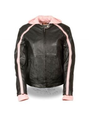 Women's Black Leather Jacket with Pink Accent Hood and Stripes